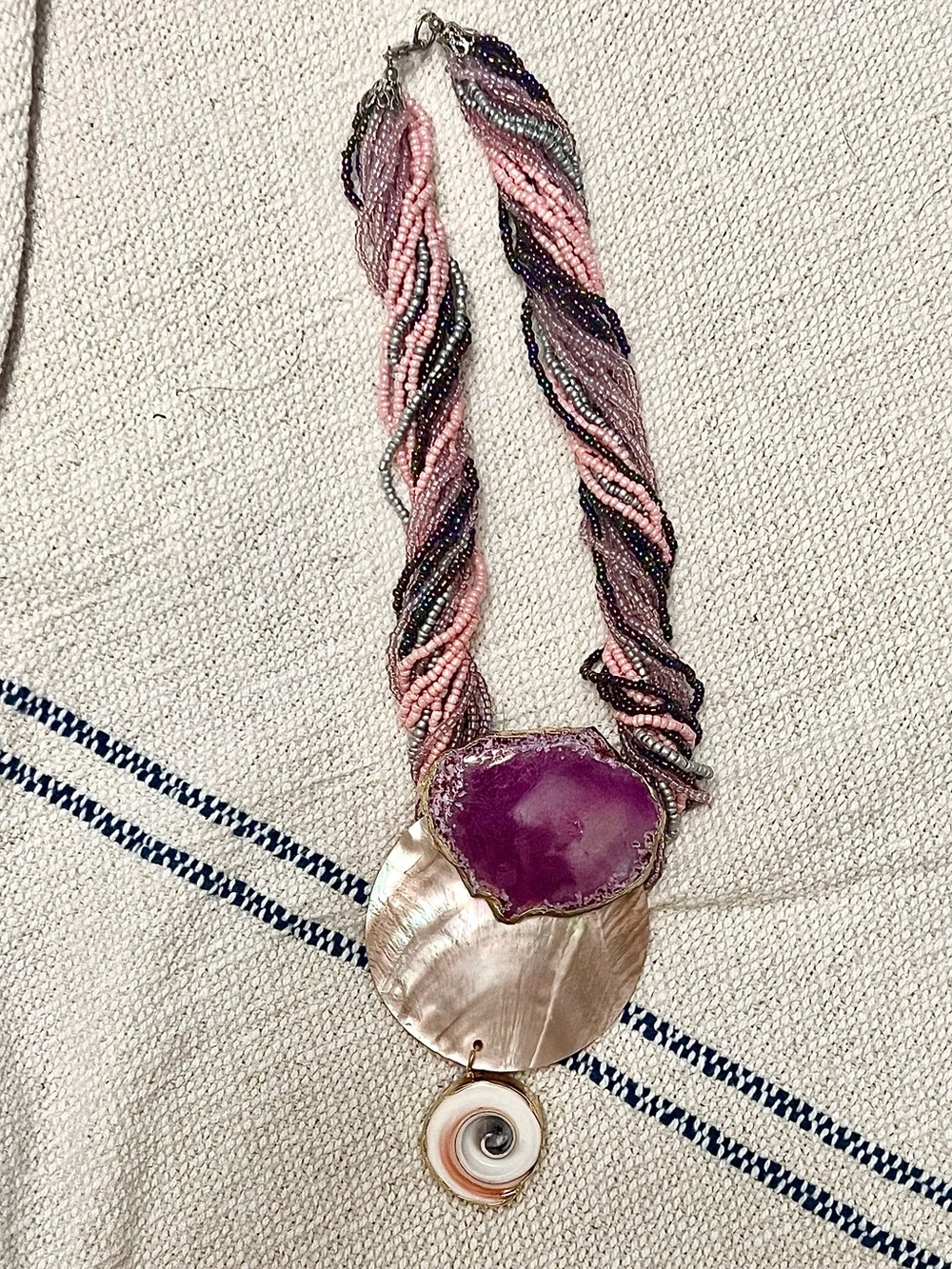Beaded Pink & Purple Agate And Shell Statement Necklace